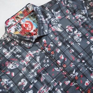 Au Noir Sz 1X Men's Casual  Shirt Gray and Red Floral Blend Cotton/Spandex